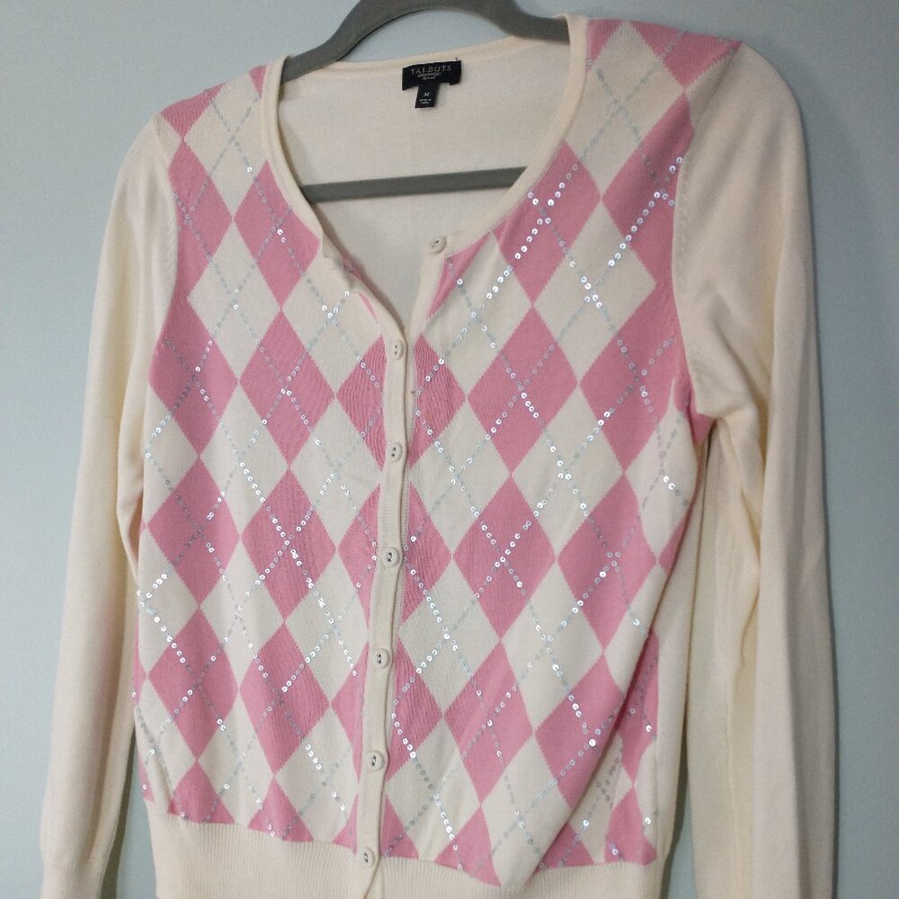 Talbots Classic Pink Argyle Sweater with Sequin Accents Size MP